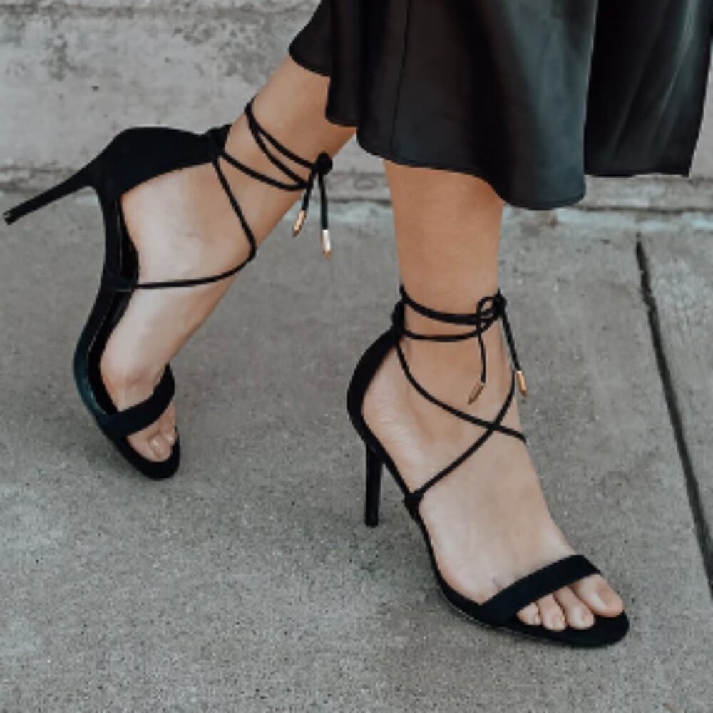 Lulu's Aimee black strappy lace up heels